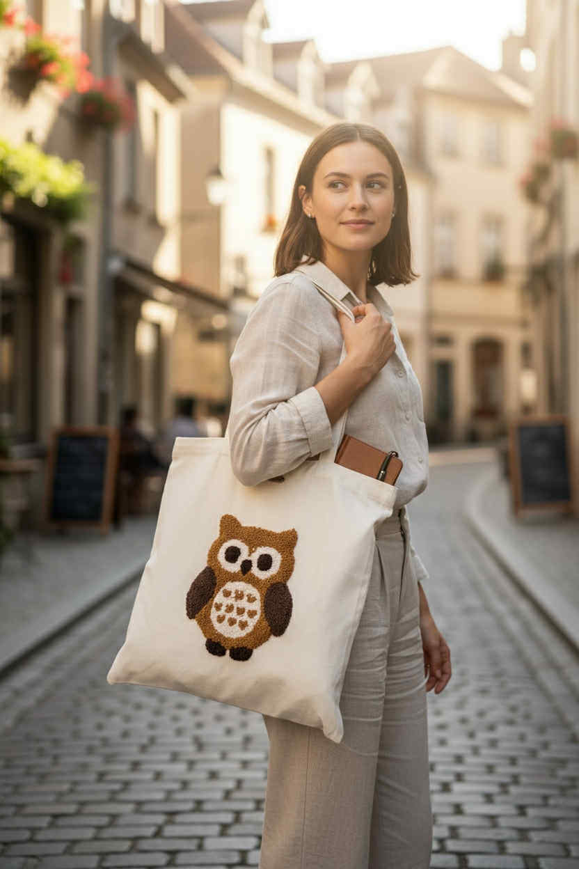 Τσάντα Tote με χειροποίητο σχέδιο κουκουβάγια