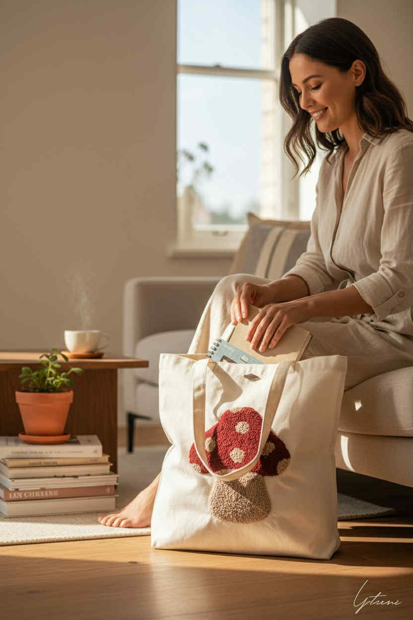 Τσάντα Tote με χειροποίητο σχέδιο μανιτάρι