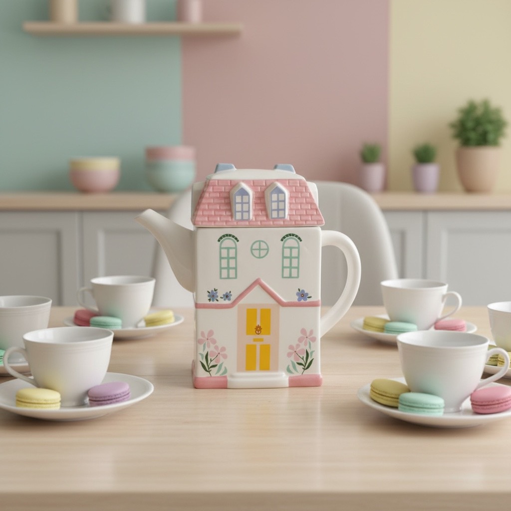 Pastel House Ceramic Teapot
